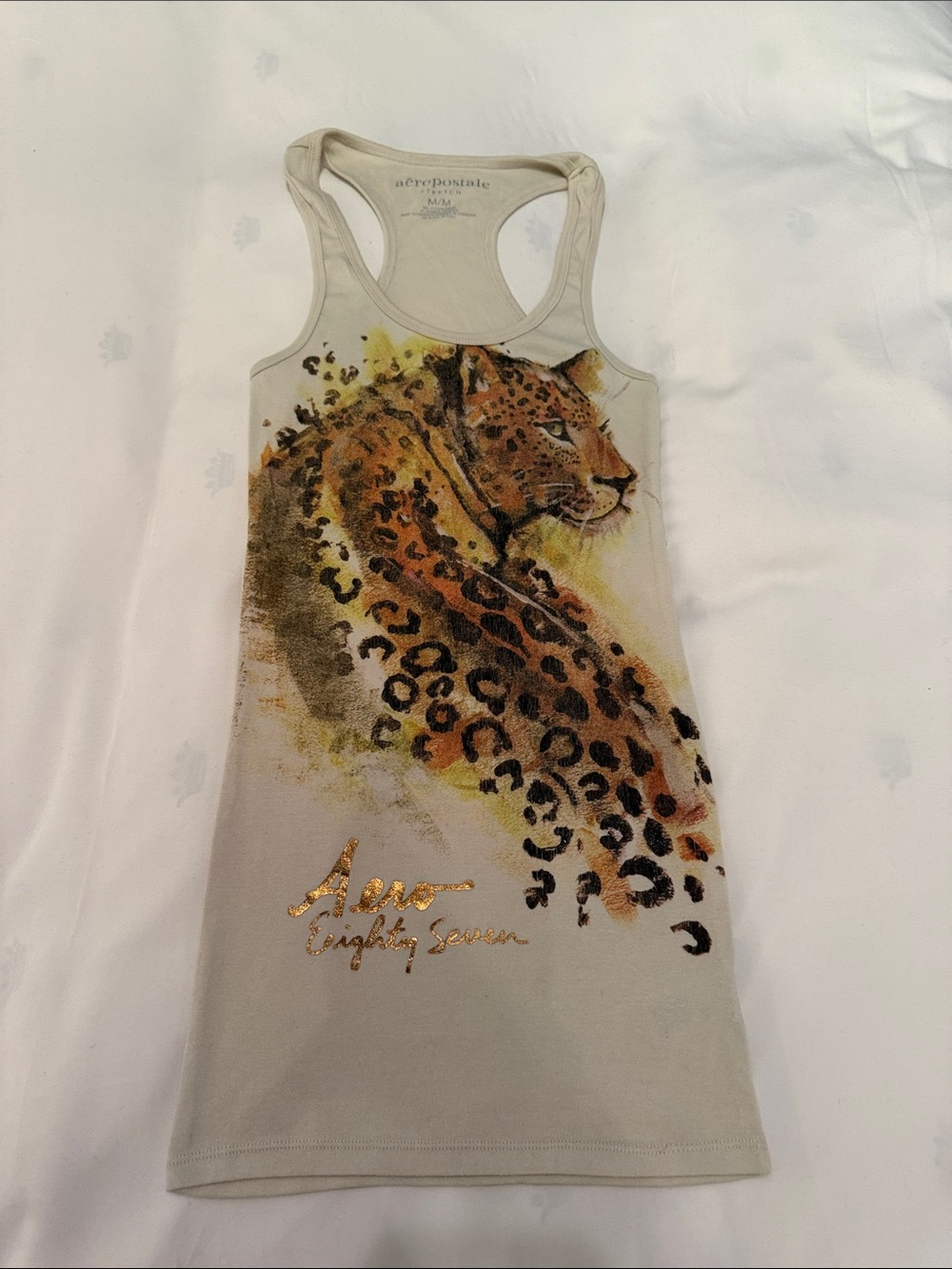 Aeropostale Cream Racerback Tank with Leopard Graphic and Gold Script
